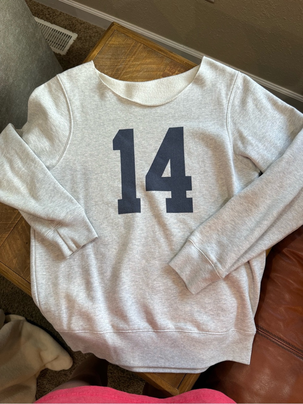 Garage Off-the-Shoulder Sweatshirt in Light Gray with Navy Number 14